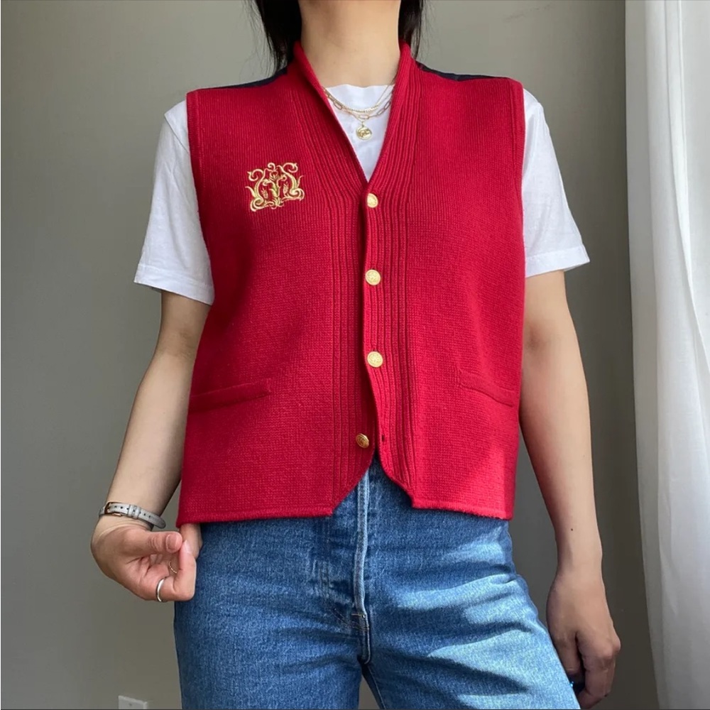 Vintage Wool Red Vest with Tartan Back Gold Button